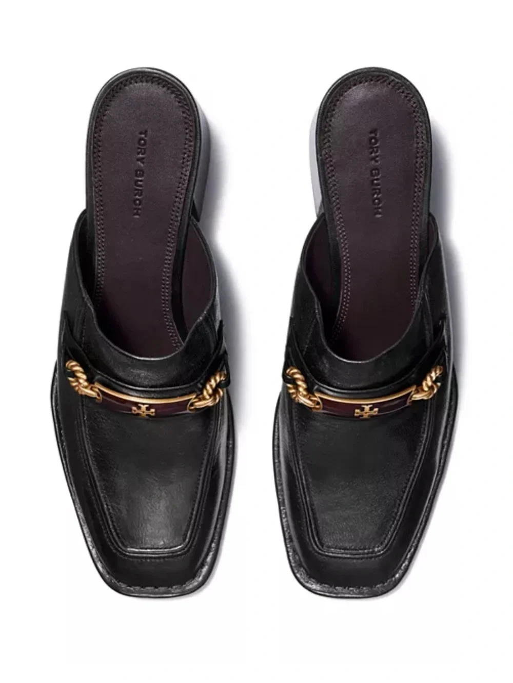 Tory Burch Perrine Black Leather Logo-Trim Block Heel Mules
